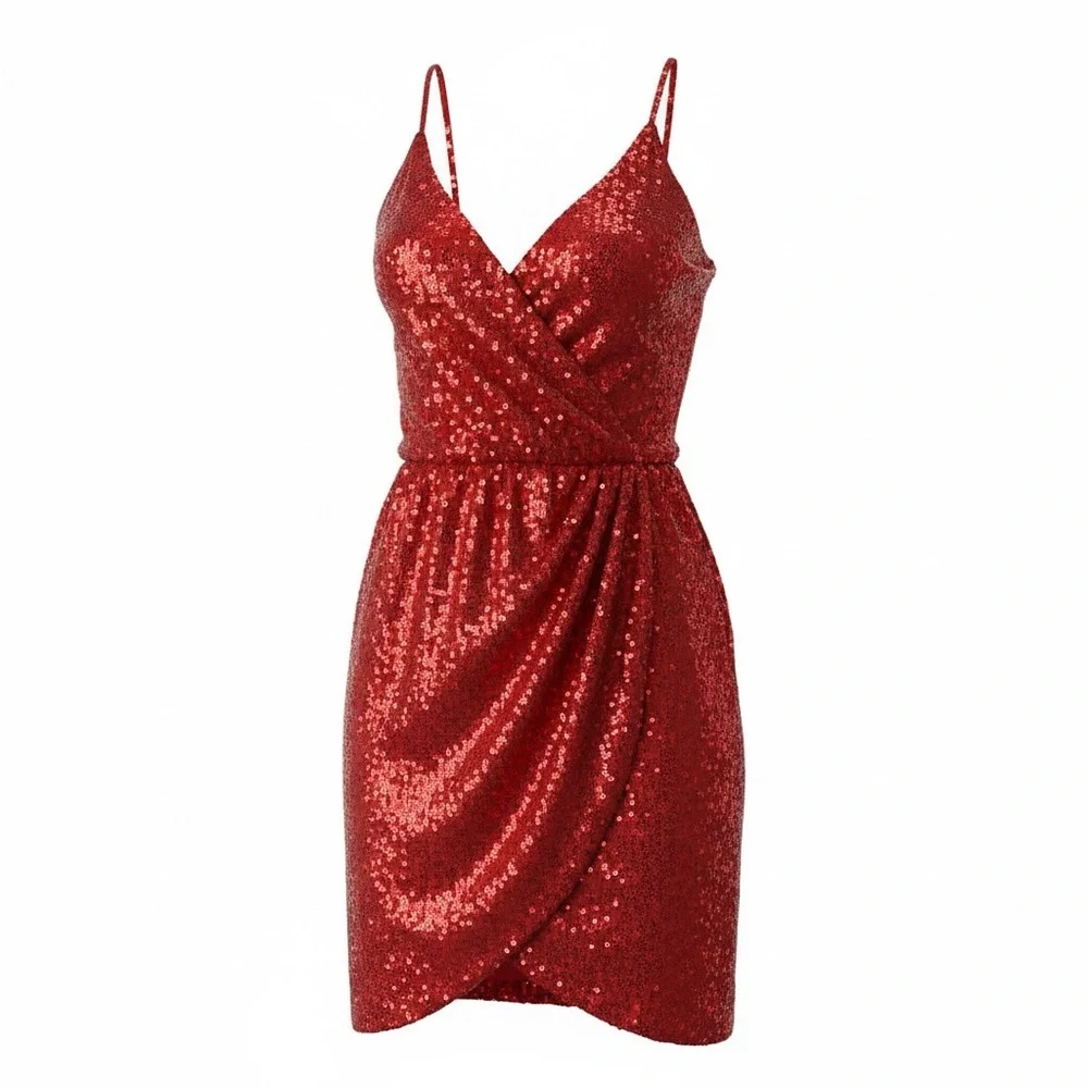 Grace Karin Red Sequin Wrap Cocktail Dress XL Holiday Party Ruffle Mini - Picture 2 of 7